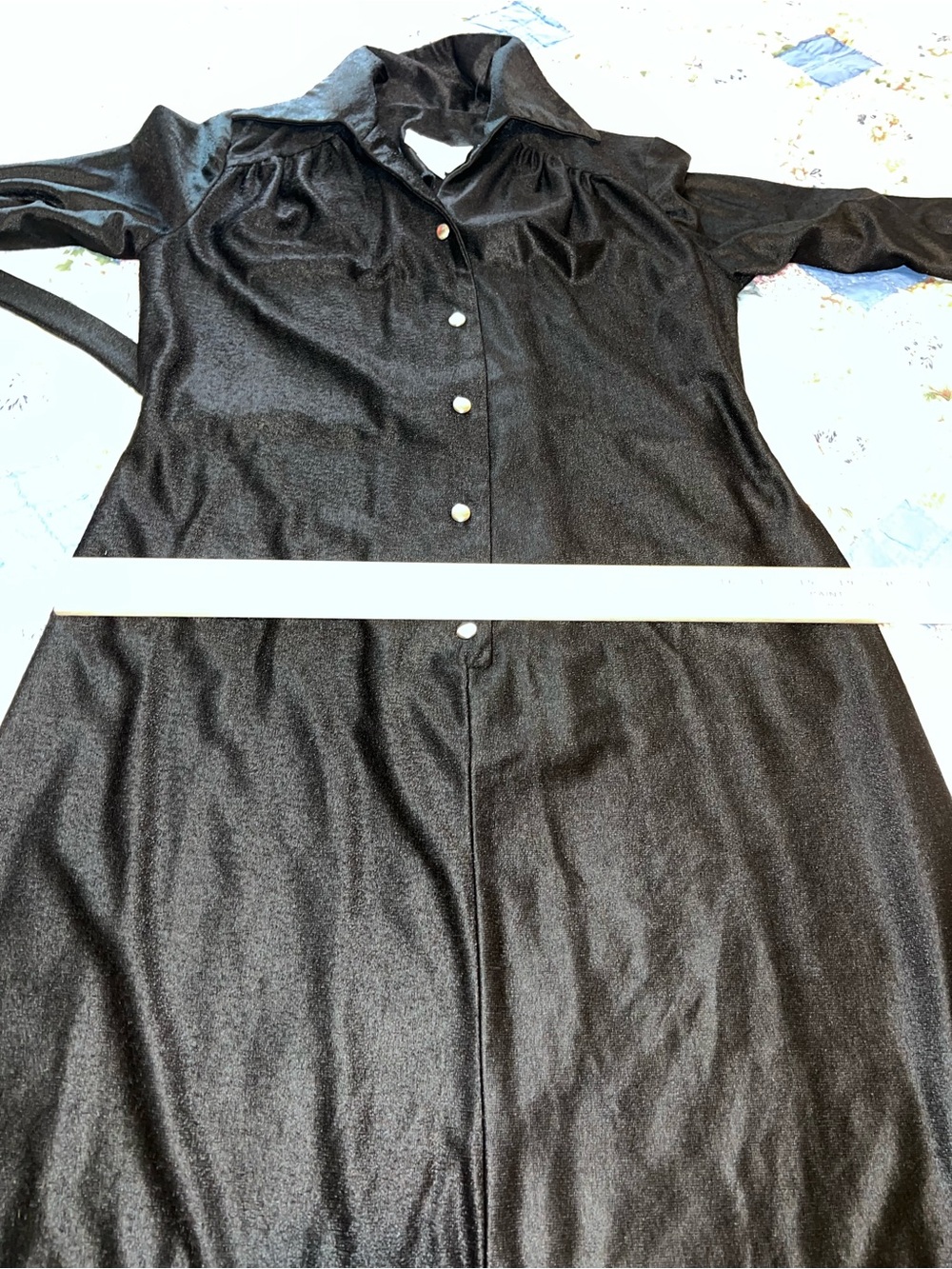 VTG 70s Dedra Designs Liquid Black Knit Maxi Shirtdress Snap Front Size 10 - Picture 14 of 14